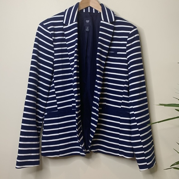 Gap | Classic Blue White Striped Knit One-Button Lined Single Breasted Blazer 10 - Picture 7 of 17